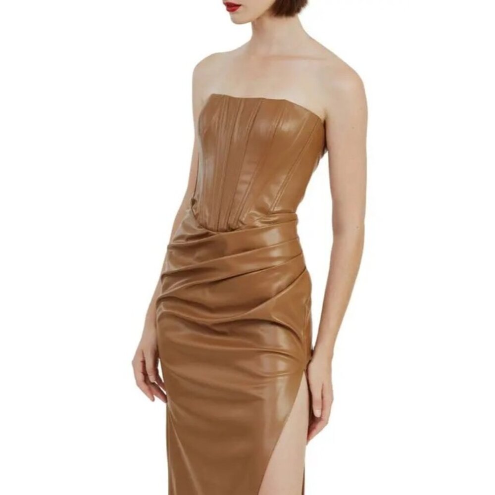 Bardot Everlasting Faux Leather Dress in Camel 2 New Womens Vegan Strapless Midi - Picture 12 of 16